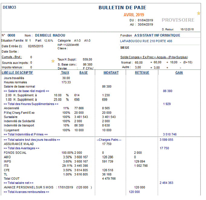 Exemple de bulletin de paie édité dans RHPaie